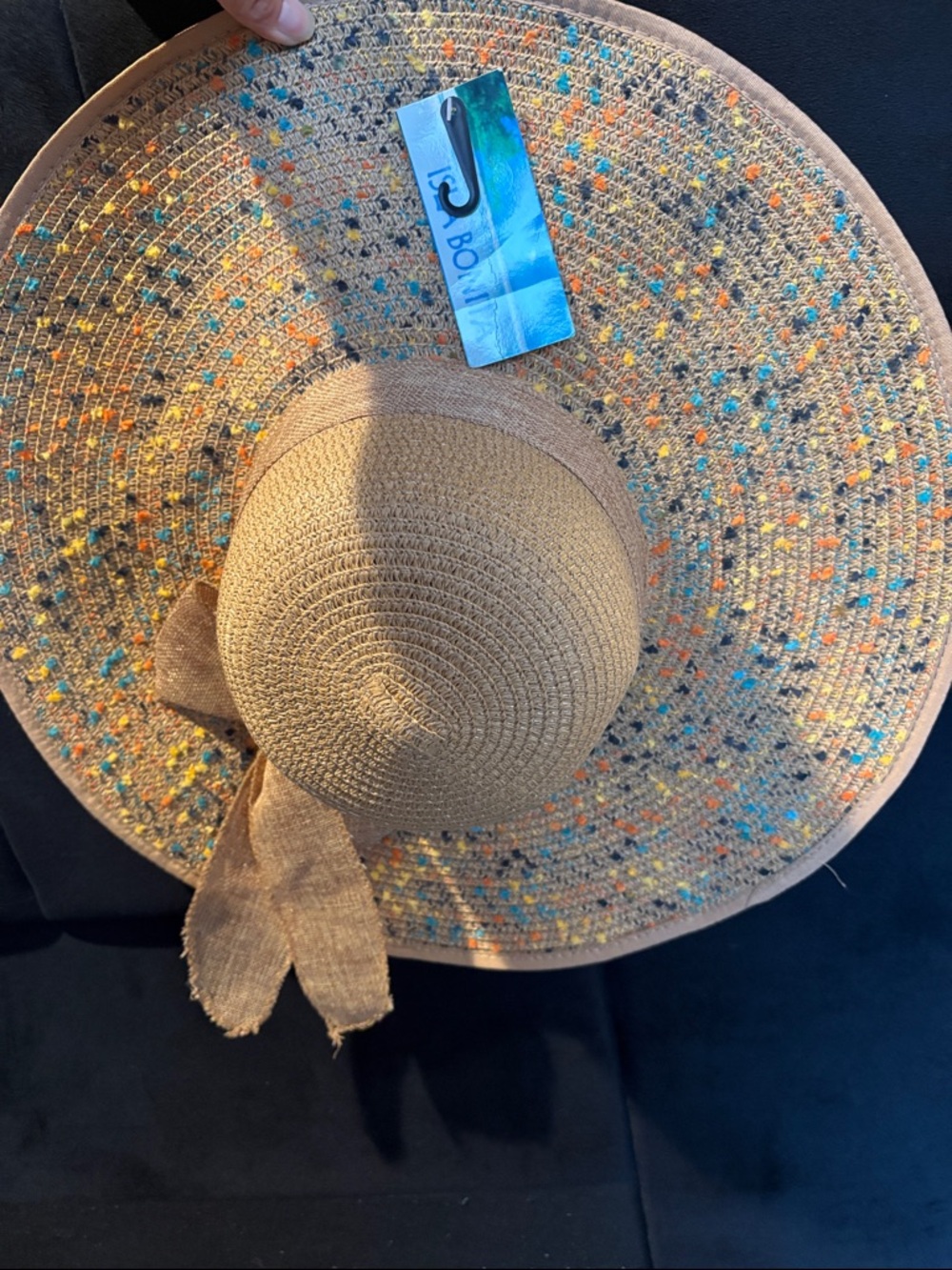Boho Wide-Brim Straw Sun Hat with Multicolor Speckle - Tan